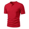 thumbnail image 2 of Men's Casual Short Sleeve Collarless Three-Button Pullover Shirt Solid Basic Top Breathable Textured Fabric Classic Relaxed Fit Pocket-Free Versatile for Weekend Gym Travel Red S, 2 of 9