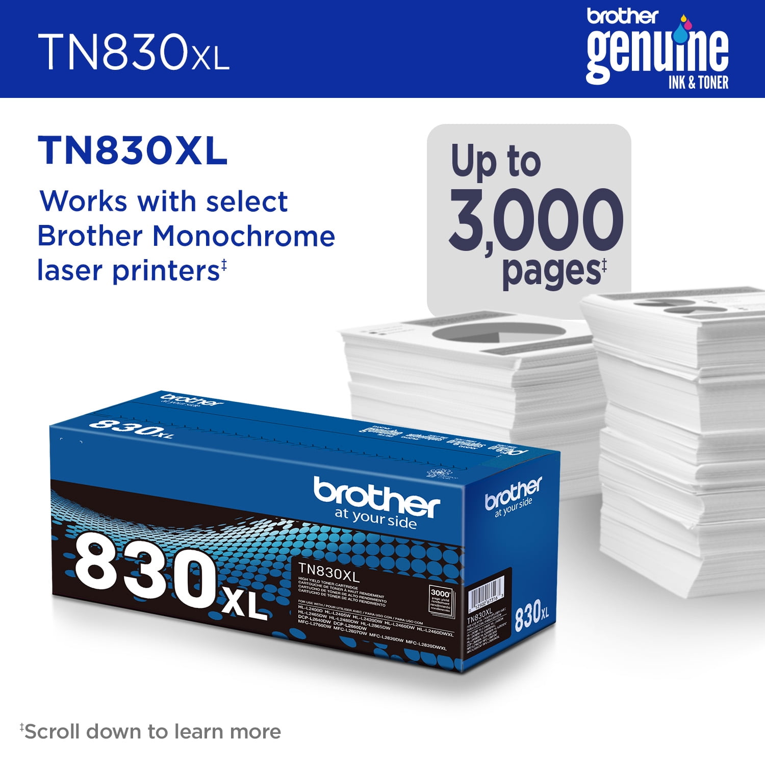 Brother Genuine TN830XL Black High Yield Printer Toner Cartridge - Print up to 3,000 Pages (1)