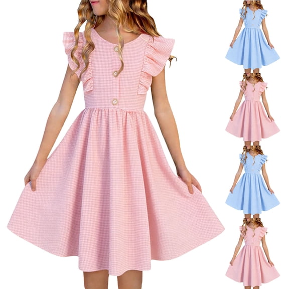 HAOTAGS Girls Flare Dresses 7-8,Knee-Length Hem Square Neck Cap Sleeve Summer A-Line Dress Pink