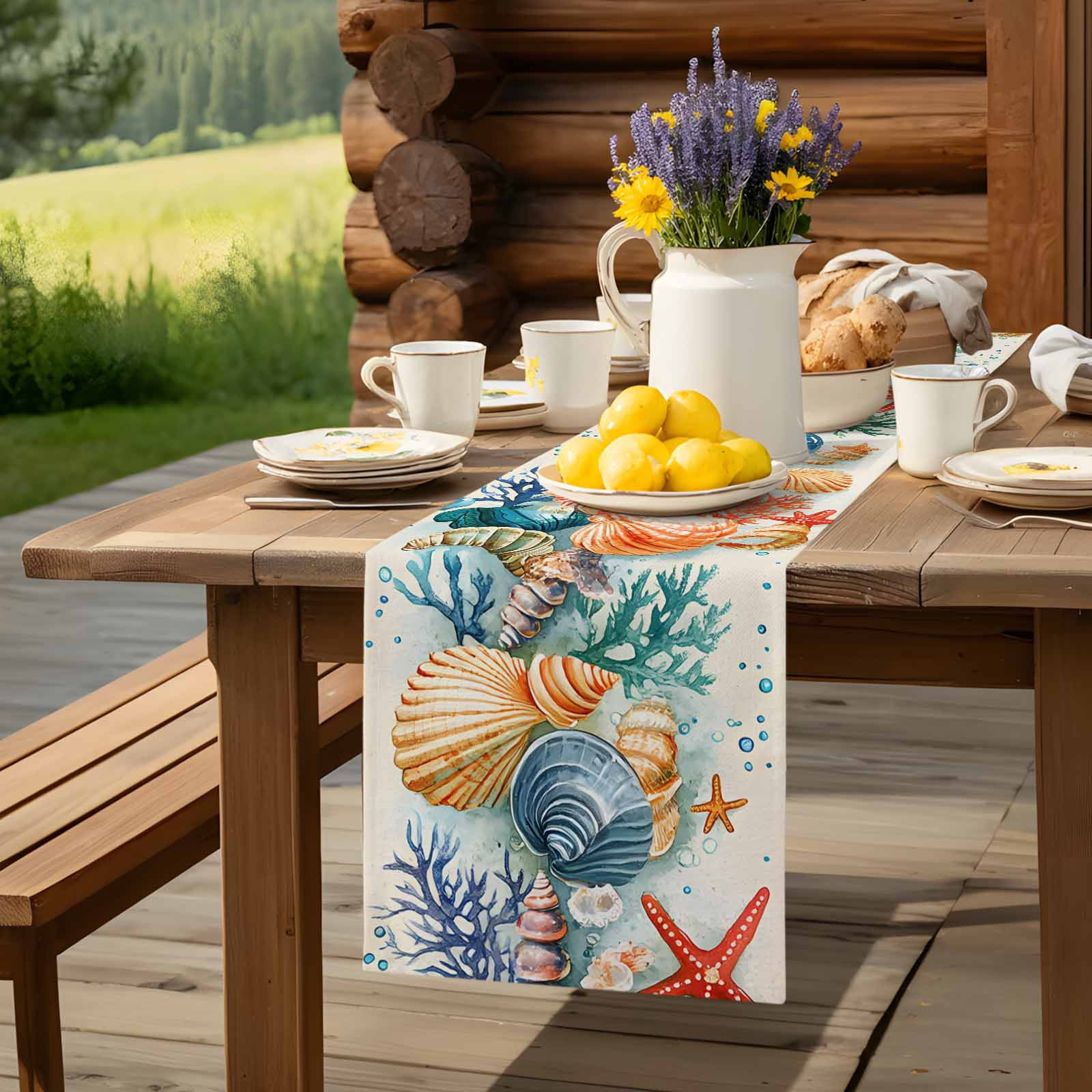 Ocean Starfish Shell Conch Table Runner 90 Inches Long, Sea Coral Underwater World Table Runners Tabletop Scarf Kitchen Dining Tables Decoration for Home Party Indoor Outdoor