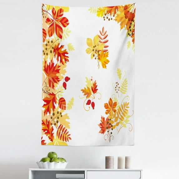 Fall Tapestry, Autumn Themed Pattern Chestnut Oak Maple Leaves and Berries Corner Design Elements, Fabric Wall Hanging Decor for Bedroom Living Room Dorm, 5 Sizes, Multicolor, by Ambesonne