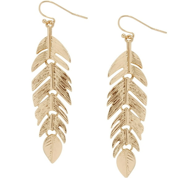 Floating Feathers Dangle Earrings - Long Hanging Metal Link Leaf Drops by Humble Chic NY, Gold-Tone