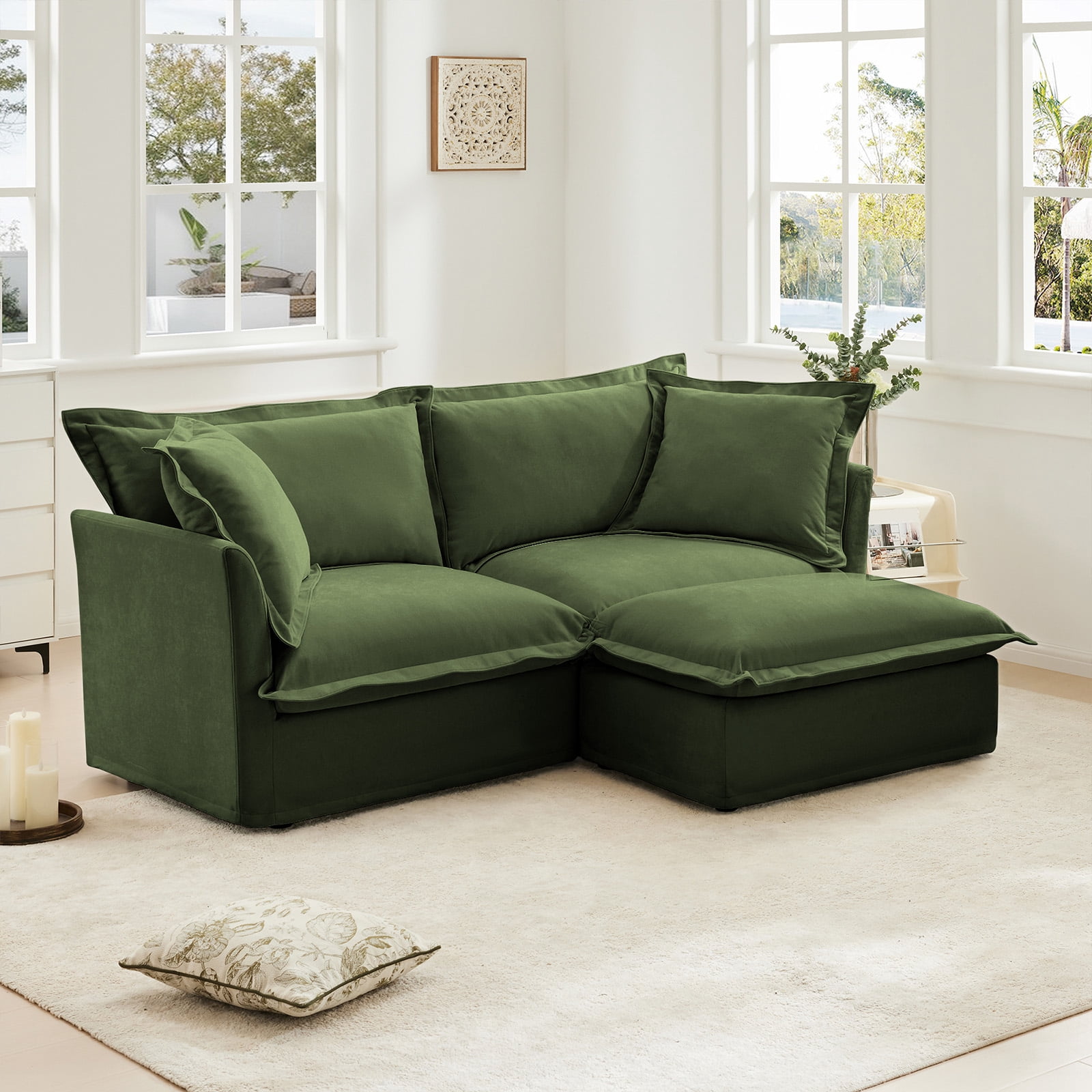 83.4" W Oversized Chenille Loveseat with Ottoman, 77" Wide Deep Seat Upholstered Sofa Couch with Washable Covers for Living Room or Small Apartment,Green