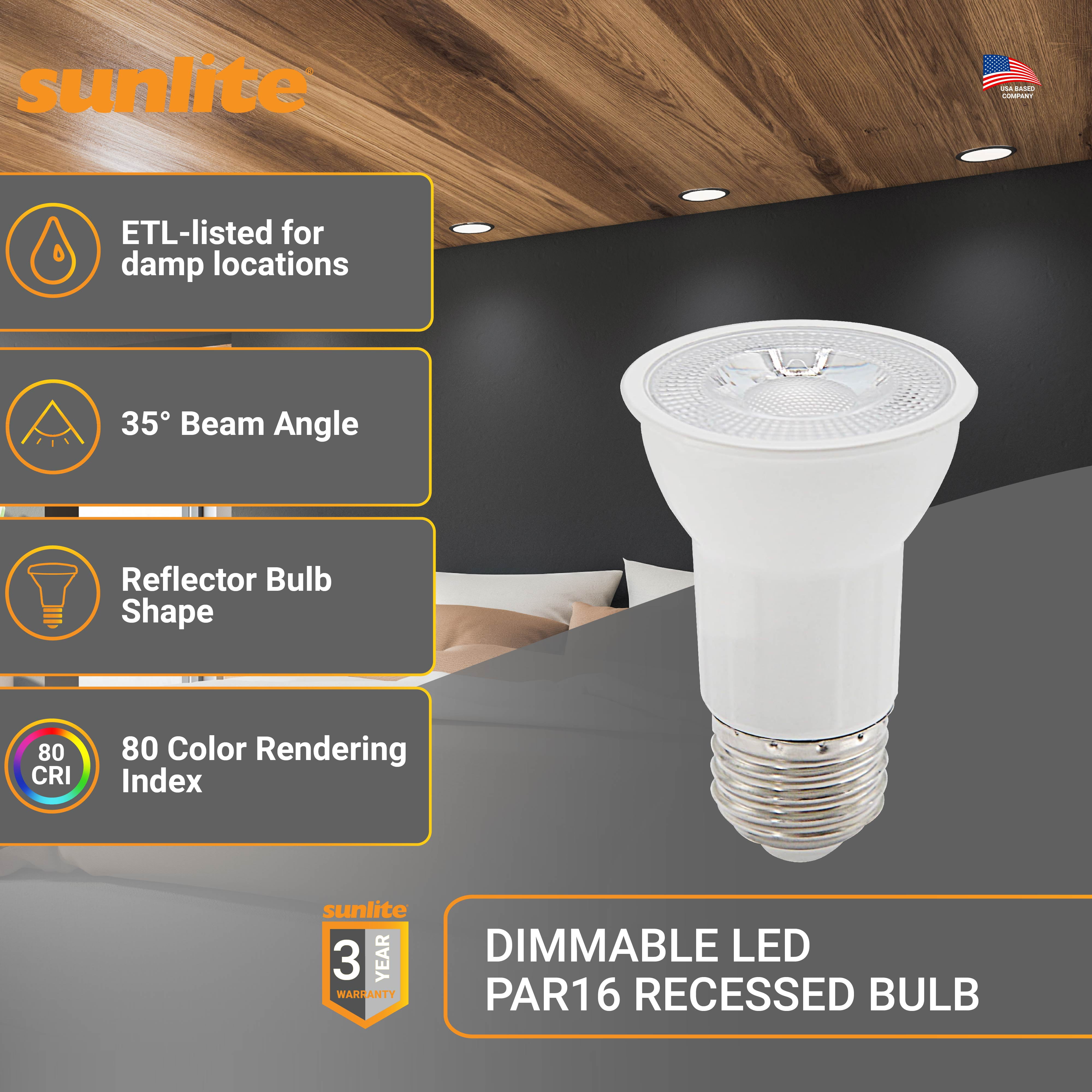 Sunlite LED PAR16 Long Neck Recessed Spot light Bulb, 7 Watt (75W Halogen Replacement), Medium E26 Base, Dimmable, ETL Listed, 5000K Daylight, 6-Pack