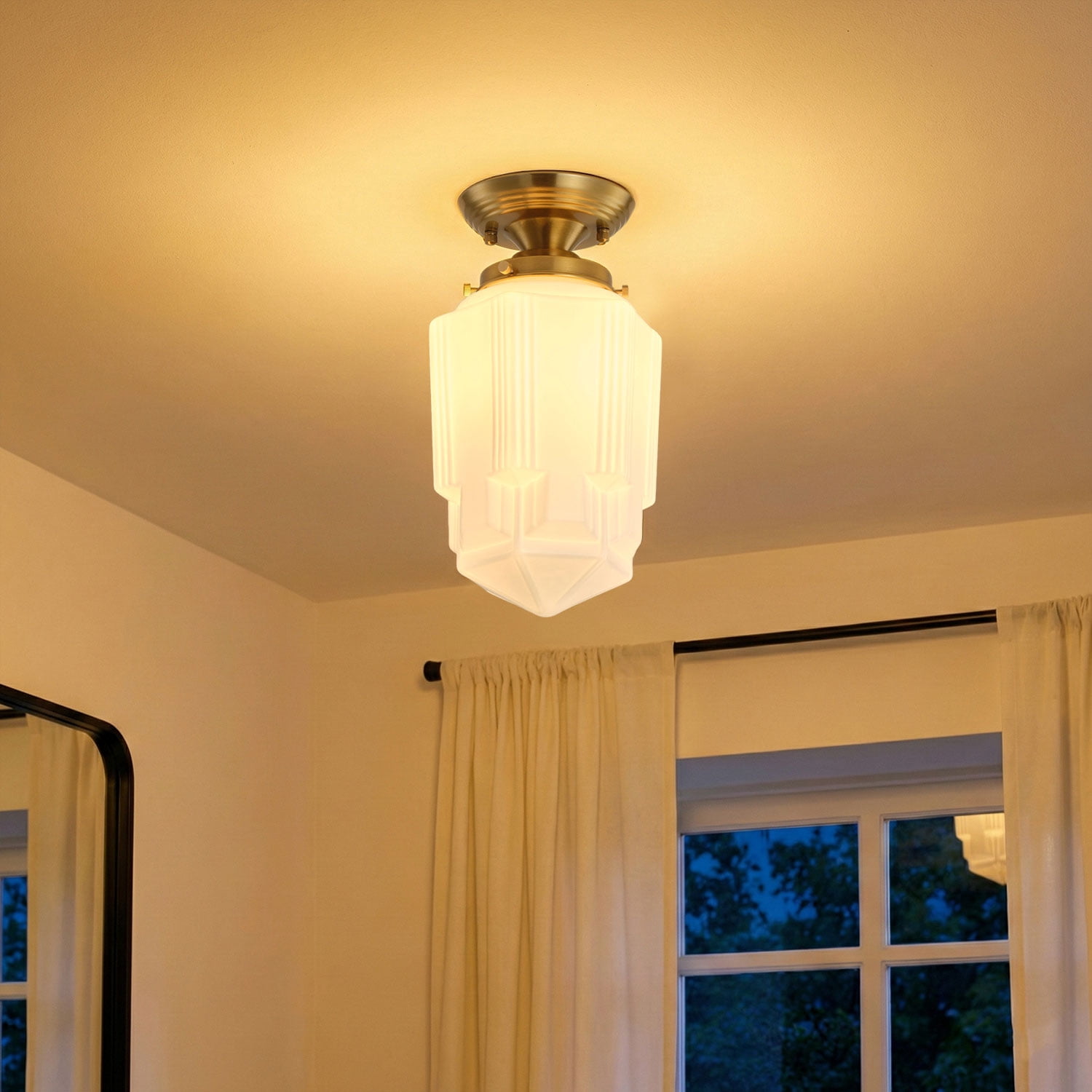 Art Deco Semi Flush Mount Ceiling Light – Close to Ceiling Light with White Ribbed Glass Shade - for Hallway, Dining Room & Entryway