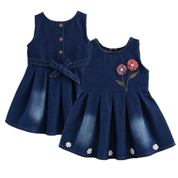 Beautyzll 1-8Y Toddler Girls Casual Demin Dresses Baby Kids Sleeveless Onesies Jeans Dress Princess Sundress A-Line Skirt
