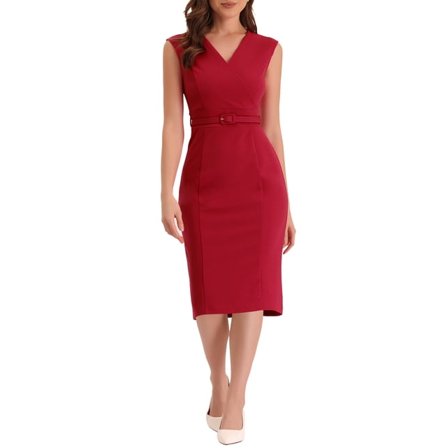 INSPIRE CHIC Robe Fourreau pour Femme Sans Manches à Col en V Tenue de Travail Ceinture Robes Crayon S Rouge