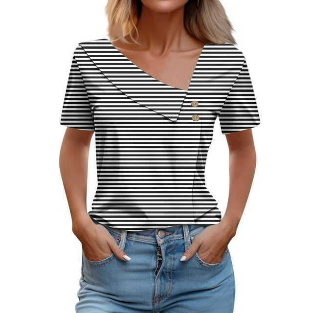 Camisetas de Manga Corta para las Mujeres a Cuadros Impreso Botón Casual Camiseta, Camisetas de Mujer Casual para Primavera Verano