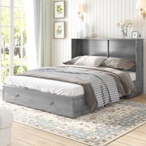 PUREMIND Murphy Bed Queen Size, Hideaway Bed with Tri-fold Mattress and Charging Socket, Solid Wood Queen Bed with Storage Drawer for Living Room/Guest Room(Style 12/Grey)