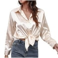 thumbnail image 4 of Women's Spring Satin Shirts Buttons Lapel V Neck Long Sleeve Tunic Blouses Solid Color Trendy Casual Tops Rose Gold,XL, 4 of 6