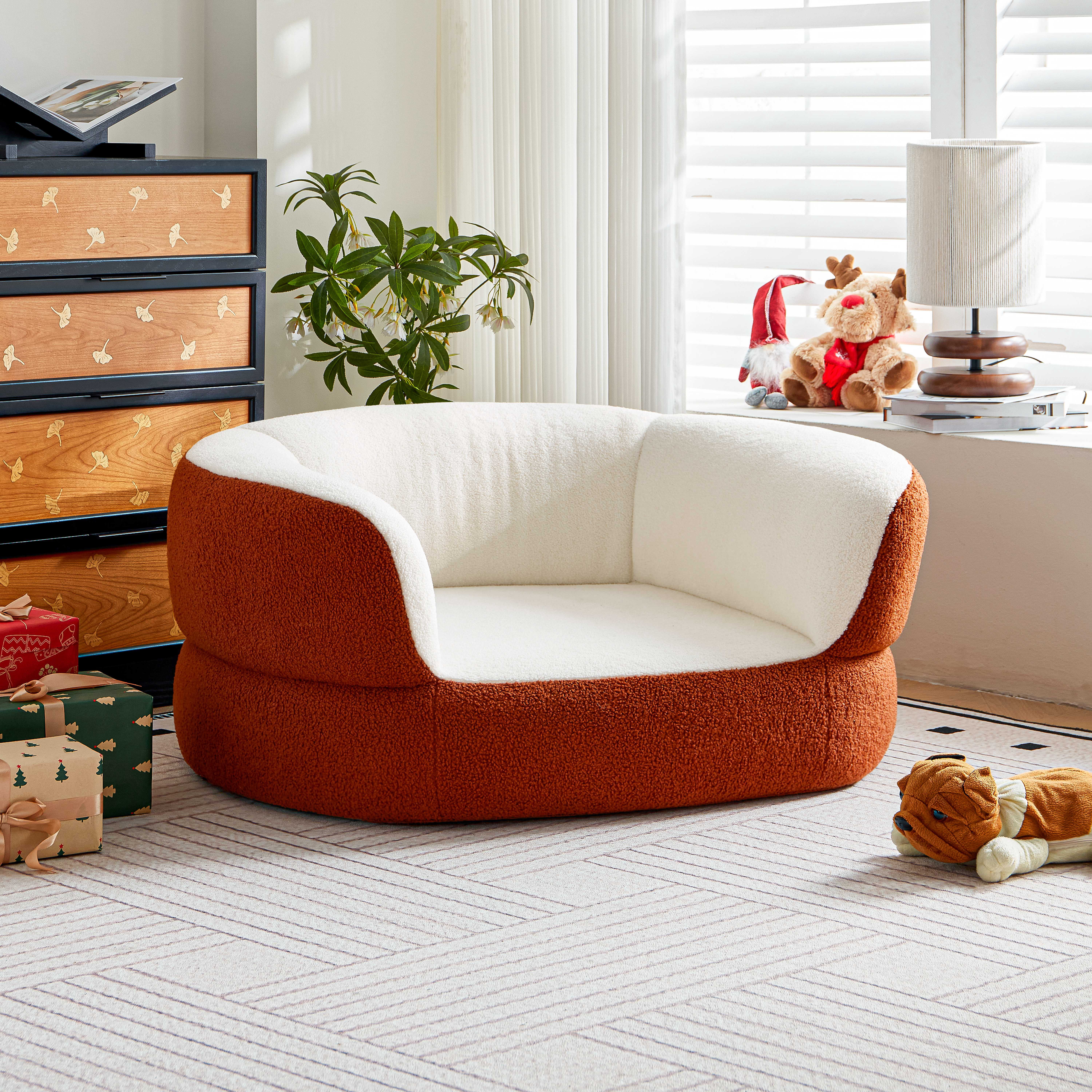 Faux Shearling Indoor Dog Bed Couch for Large and Medium Dogs under 70 lbs, Orthopedic Donut Round Elevated Furniture Pet Bed Sofa with High Backrest, No Assembly Required