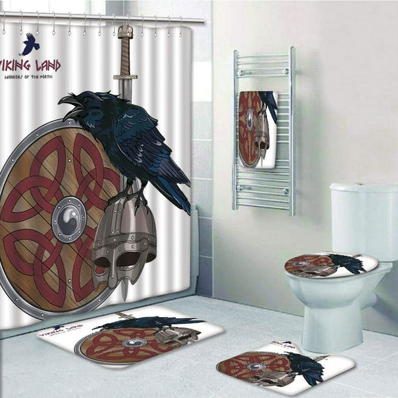 EREHome Viking Raven on Steel Helmet Nordic Sword Shield Warfare Scandinavian Army Medieval Armour 5 Piece Bathroom Set Shower Curtain Bath Towel Bath Rug Contour Mat and Toilet Lid Cover