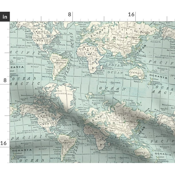 Maps Maps World Globe Blue Cream Vintage Maps Fabric Printed by