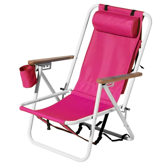 DECMAY Folding Beach Chair, 4 Position Portable Backpack Foldable Camping Chair with Headrest Cup Holder and Wooden Armrests, Pink