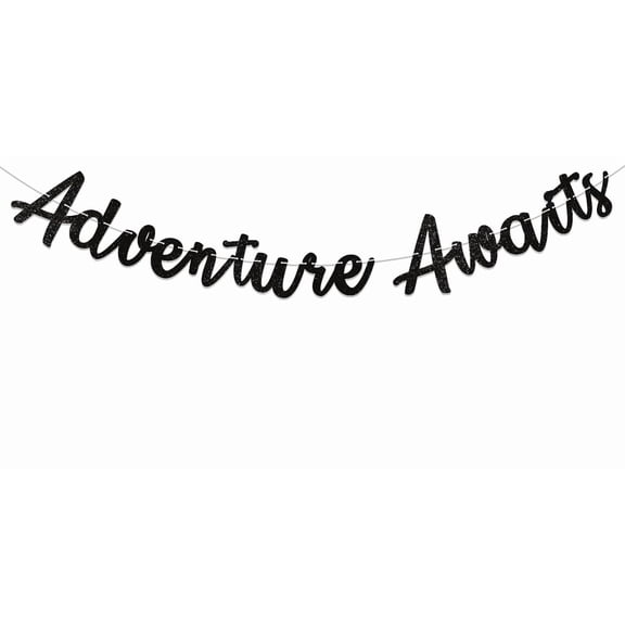 Adventure Awaits Banner, Bon Voyage Banner, Graduation/Travel/Moving Away/Wedding/Engagement/Baby Shower Party Decorations Black Glitter