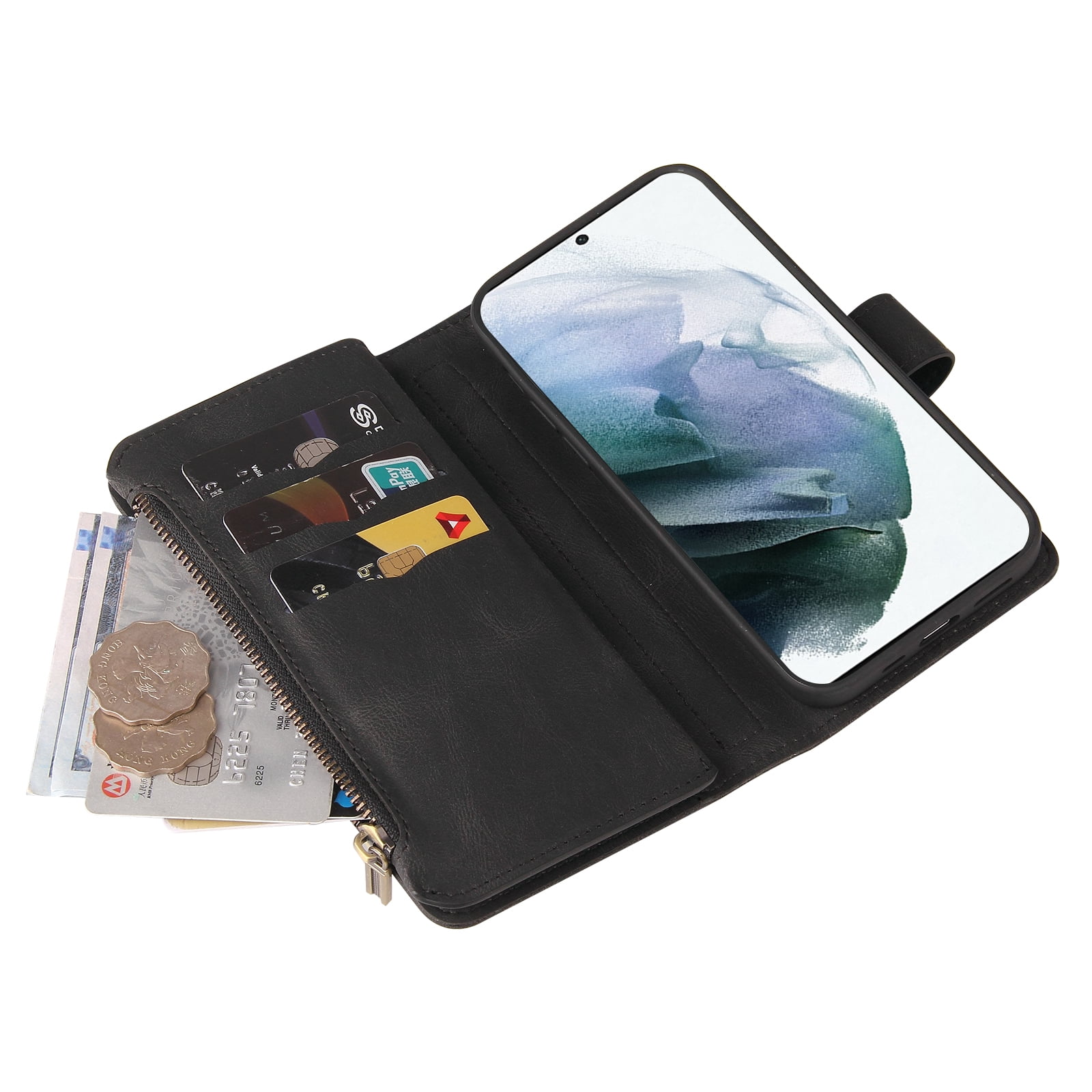 Wallet Case for Galaxy A03s, Magnetic Zipper Pouch Premium PU Leather with Kickstand Wallet Flip Shockproof Phone Case Wrist Strap Card Slots Holder Pocket Samsung Galaxy A03s,
Black