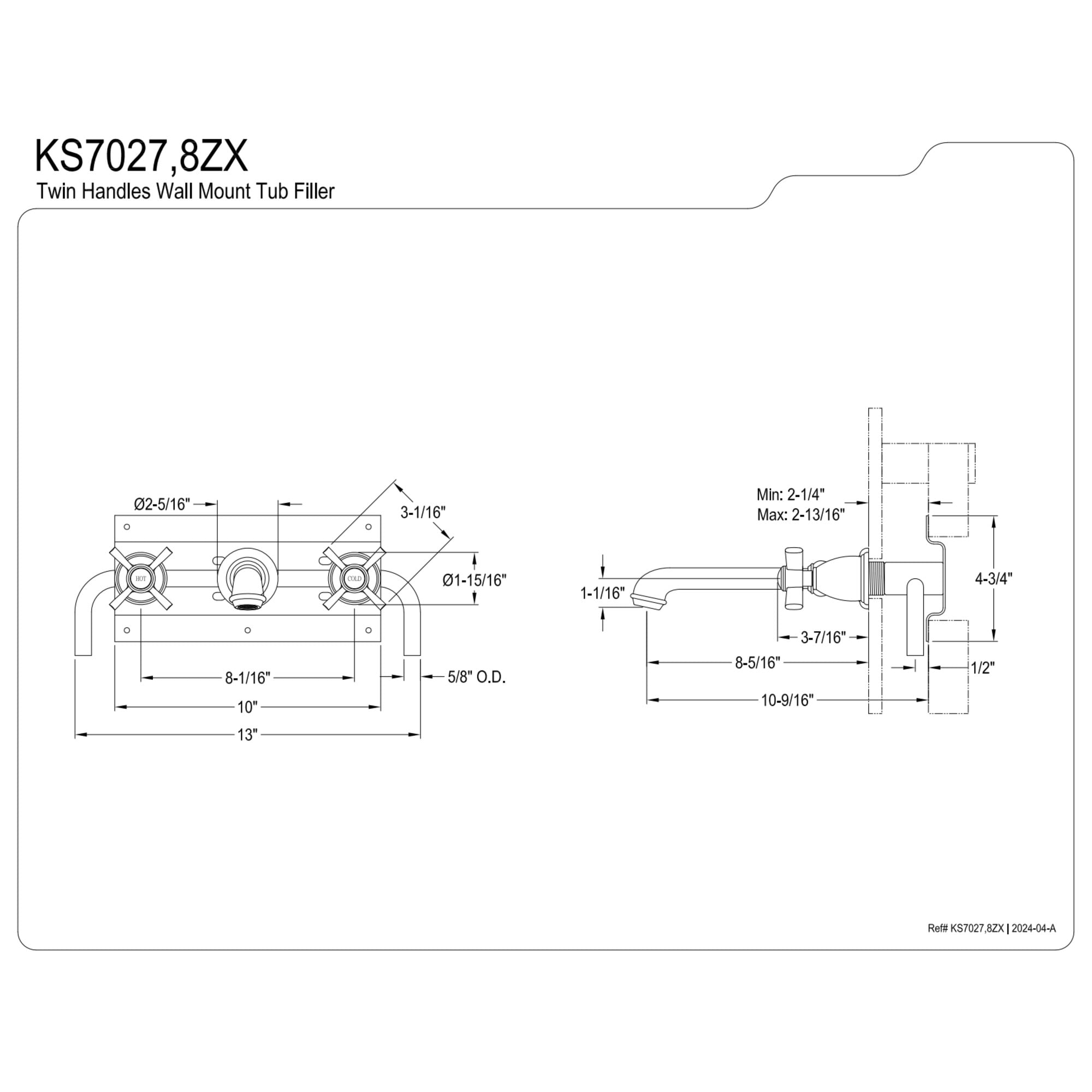 Kingston Brass KS7027ZX Millennium Two-Handle Wall Mount Roman Tub Faucet, Brushed Brass
