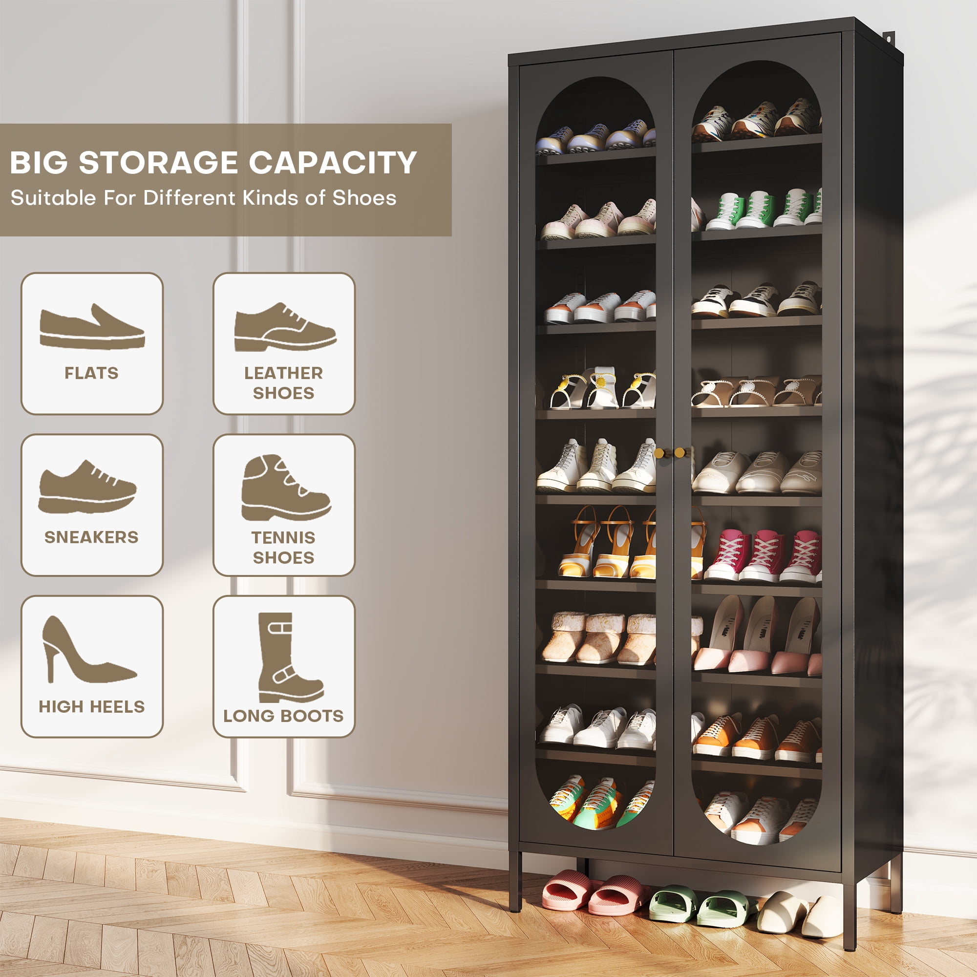 ANMINY 9-Tier Tall Shoe Storage Cabinet 67"H Shoe Cabinet with Glass Doors 9-Tier Shoe Organizer Rack with 8 Adjustable Shelves Max. Store 27-36 Pairs for Entryway Hallway Cloakroom Living Room, Black