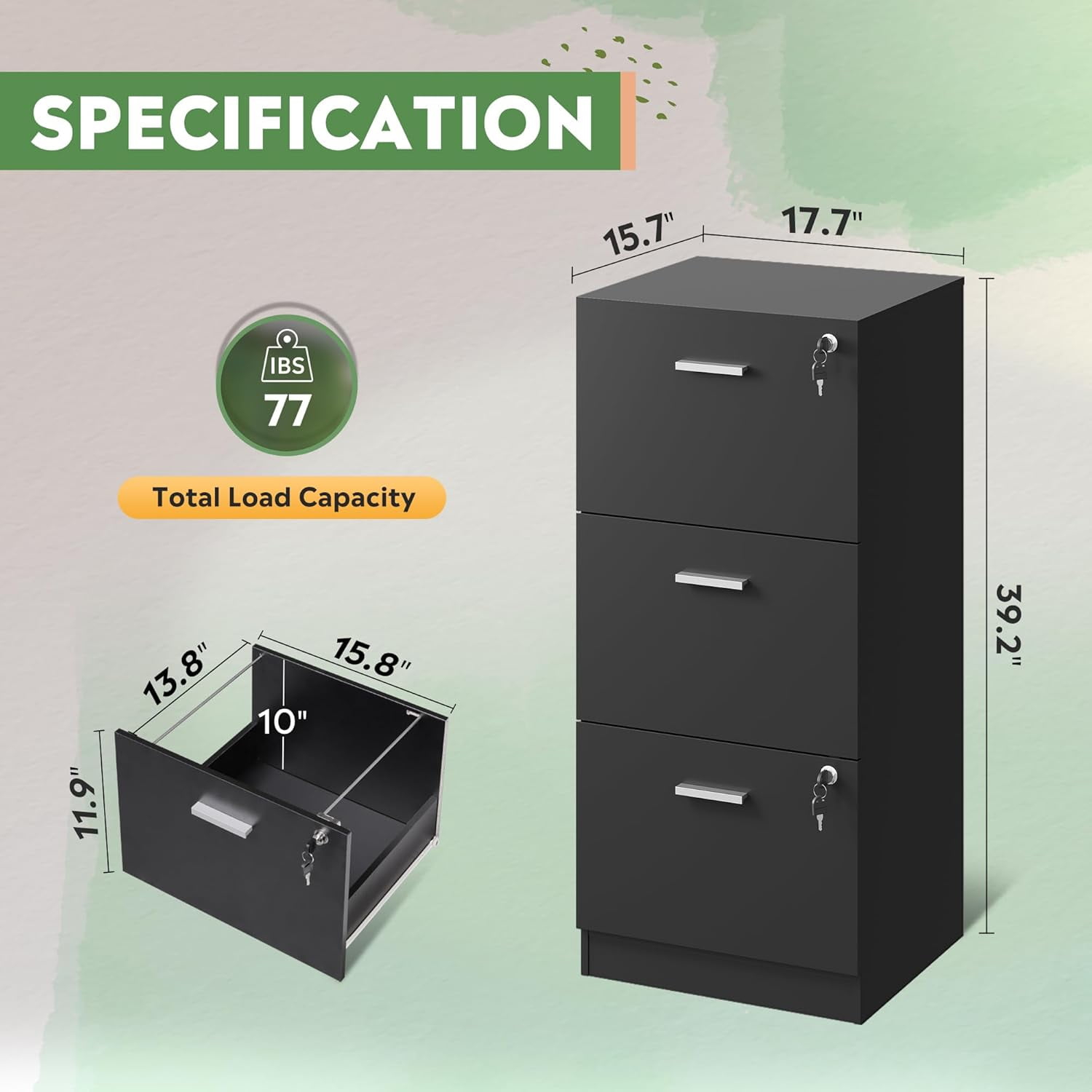 3 Drawer File Cabinet with Lock, Vertical Wood Filing Cabinet for Home Office, Printer Stand for Letter and A4 Size, Black