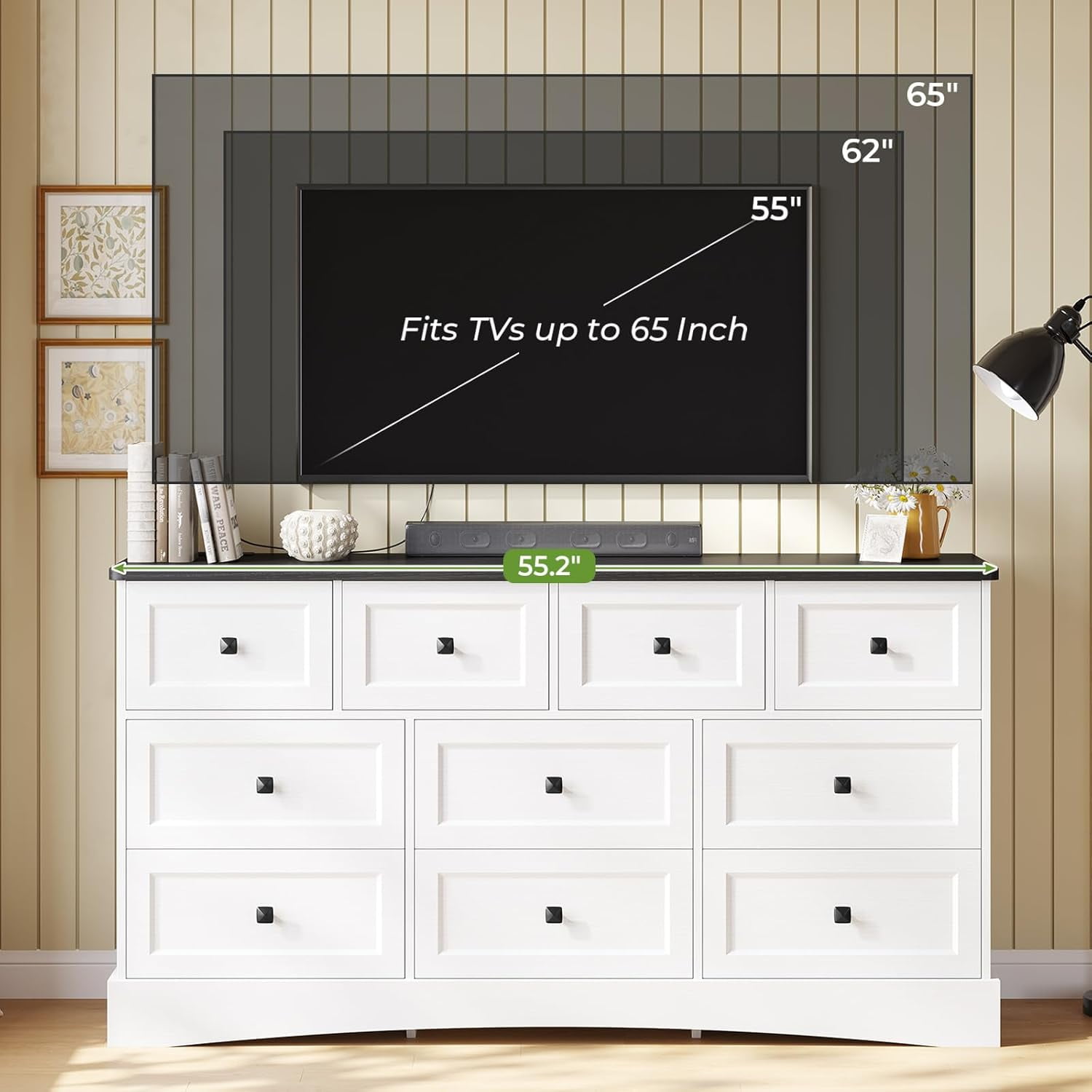 Farmhouse Dresser for Bedroom 55" Long 10 Drawers Dresser with Charging Station, Large Chest of Drawers for Bedroom Living Room Closet, White&Black