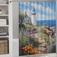 thumbnail image 3 of Lighthouse Sunrise Coast Scenery Pale Blue Tan Shower Curtain Fabric Bathroom Decor with Hooks, 3 of 8