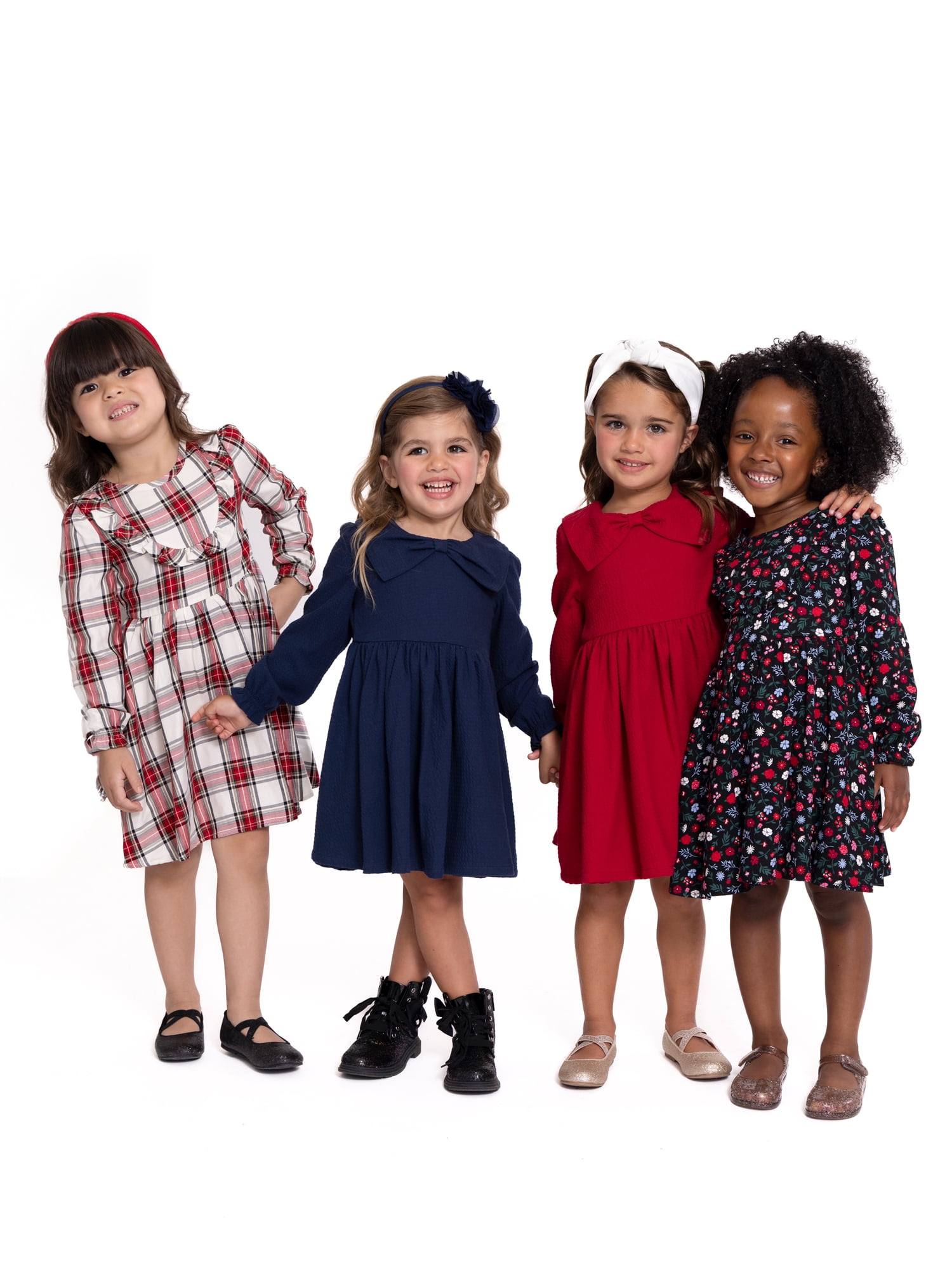 Wonder Nation Toddler Girls Puckered Bow Dress with Long Sleeves, Sizes 12M-5T