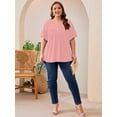thumbnail image 3 of SHOWMALL Women's Plus Size Pleated Tunic Top, Pink 3X Short Sleeve Scoop Neck Shirt with Decorative Buttons, Casual Loose Fit Summer Blouse, 3 of 8