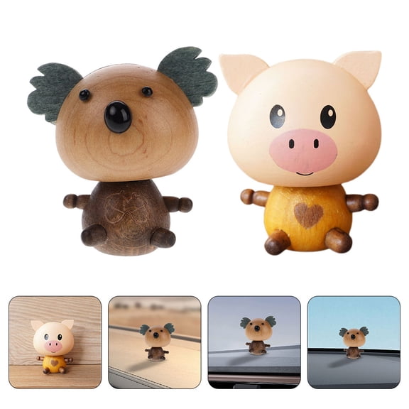 FUEENIRVA 2Pcs Car Dashboard Ornament Bobblehead Doll Wooden Aromatherapy Round Head Cute Design for Vehicle Use
