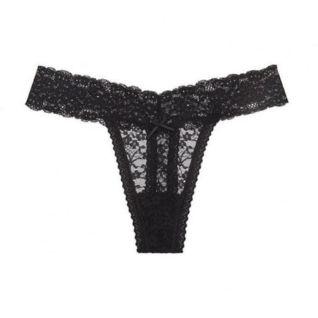Baywell Lace Thongs for Women V Cheeky Underwear See Through Panties T-back Tangas Low Rise Hipster Underwear Black S-2XL