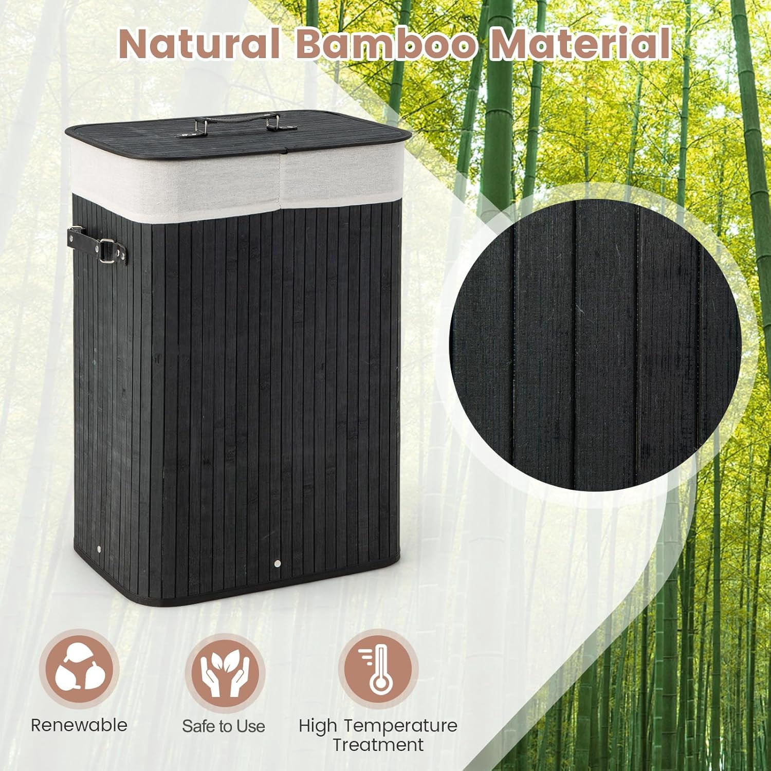 Bamboo Laundry Hamper with Lid, 72L Large & Tall Clothes Hamper with Removable Liner & Handles, Rectangular Laundry Basket for Small Spaces, Laundry Room, Bedroom (Black)