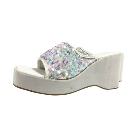 

Juebong Women s Platform Sequined Sandals - Ladies Wedge Slides Summer Beach Travel Shoes Sandals White 7