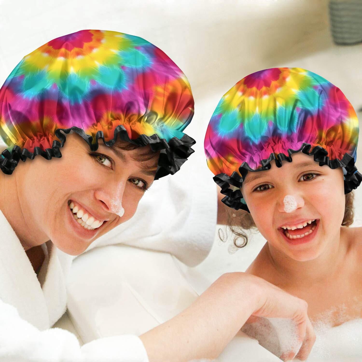 Shower Caps,Colorful Tie Dye Mandala Pattern Waterproof Shower Cap for Women 4 Pieces,Double Reusable Hair Cover for Shower PEVA Elastic Stretch Hem