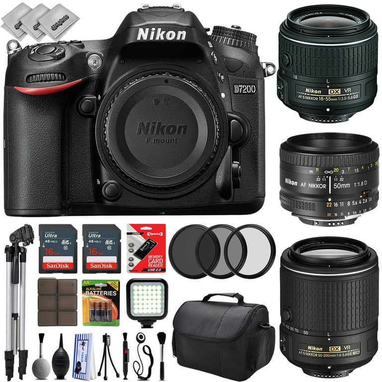 Nikon D7200 HD Digital SLR Camera w/ 3 Lens - 18 to 200mm - 32GB