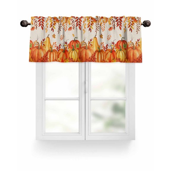 Pumpkins Fall Thanksgiving Kitchen Valances for Windows Orange Leaves Farmhouse Valance Curtains  for Kitchen /Living Room/Bedroom/ Bathroom Decor, 54"x18 " ,Rod Pocket 1 Panel,
