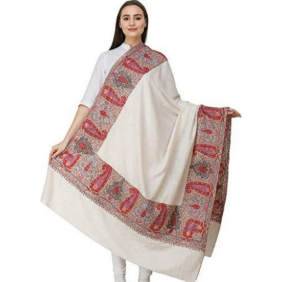 Exotic India Pearled-Ivory Pashmina Shawl from Kashmir with Sozni Ha - Off White