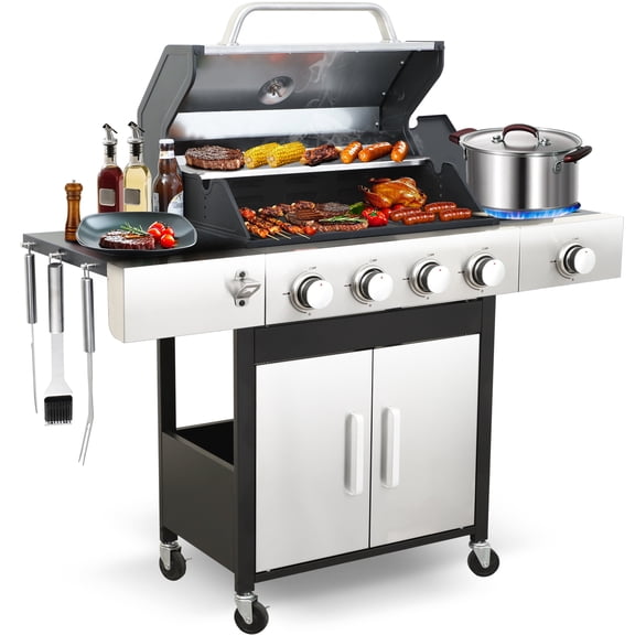 49000 BTU Output Propane Gas Grill with Side Burner and 4 Main Burners - Double-layer Stainless Steel Lid, Cast Iron Grids, Easy-Clean Grease Management & Even Heat Distribution for Perfect BBQs