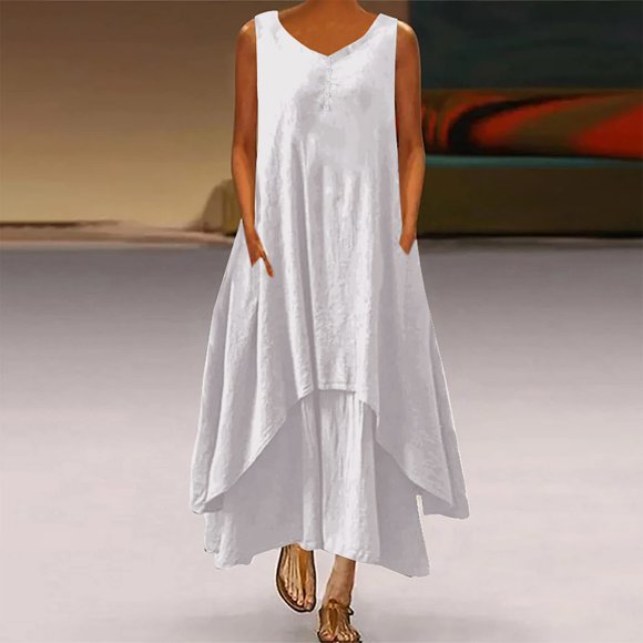 TIMIFIS White Women's Cotton Linen Dress Casual Loose Sundress Long Dress Sleeveless Split Maxi Dresses Summer Plus Size Beach Dress ummer