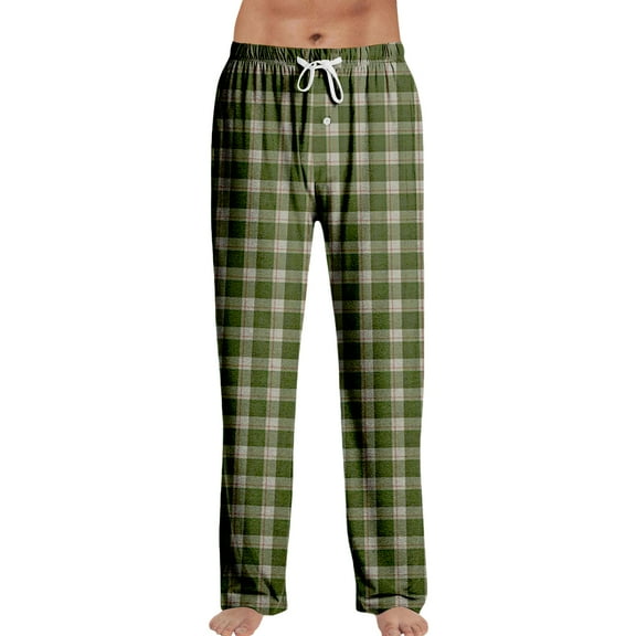 WTOBBY Men's Plaid Print Pajama Pants, Casual Sleepwear Drawstring Elastic Waist Comfortable Straight Leg Loose Fit Trousers for Yoga and Home Wear,Army Green L
