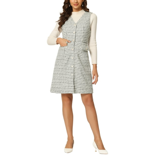 INSPIRE CHIC Robe Femme à Carreaux en Tweed Col en V Sans Manches à Simple Boutonnage avec Poches TG Blanc