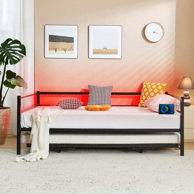 Zimtown Full Metal Daybed with Trundle & LED Lights, Black photo 3