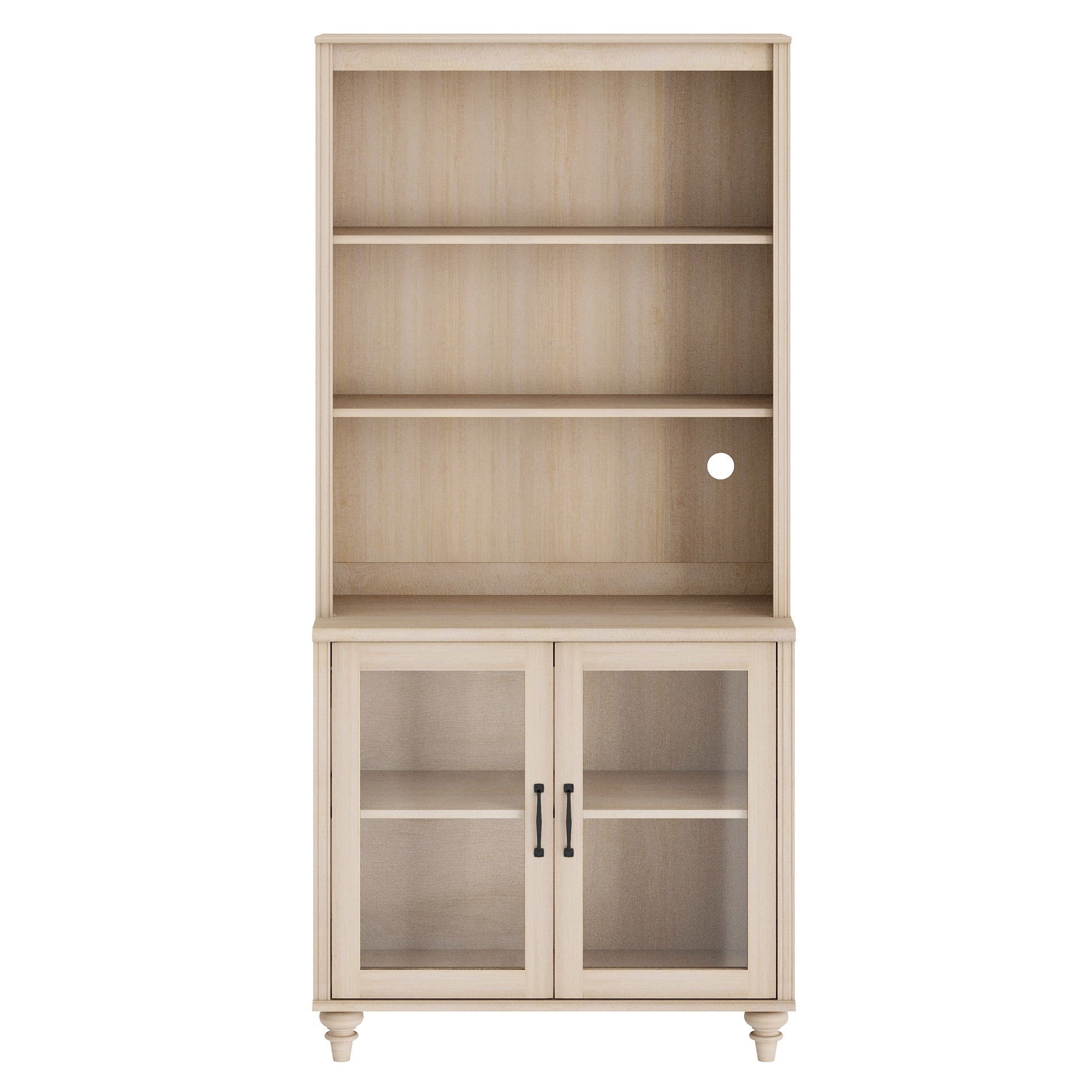 Farmhouse 5 Tier Bookcase With 2 Glass Doors, Beige, 33.9" W
