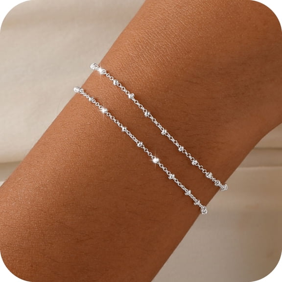 GOSFRY Dainty Bracelets for Women, Silver PlatingLayered Charms Bracelet Herringbone Satellite Beads Box Rope CZ Bracelet Adjustable Cuba Link Chain Bracelet Set Jewelry Gifts