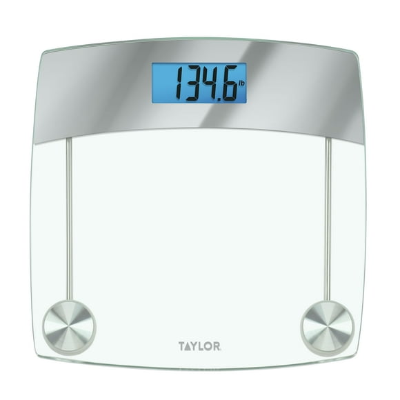 Báscula digital Taylor para peso corporal, ultraprecisa, capacidad de 200 kg, pantalla LCD azul exclusiva, plataforma de vidrio con detalles en acero inoxidable, 31,7 x 31,7 cm, transparente