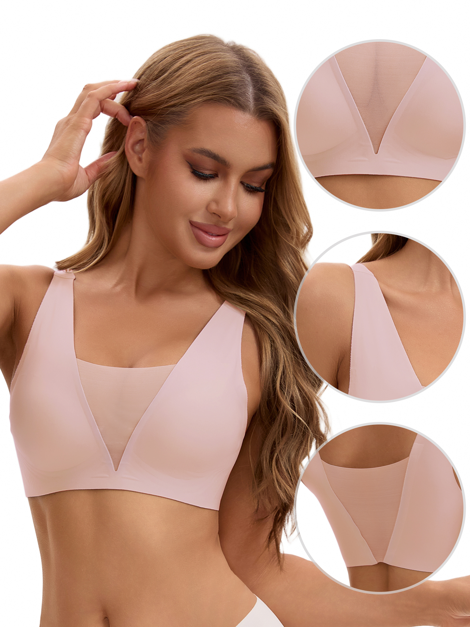Unique Bargains Women's Deep V Seamless Mesh Plunge Bras Minimizers L Pink