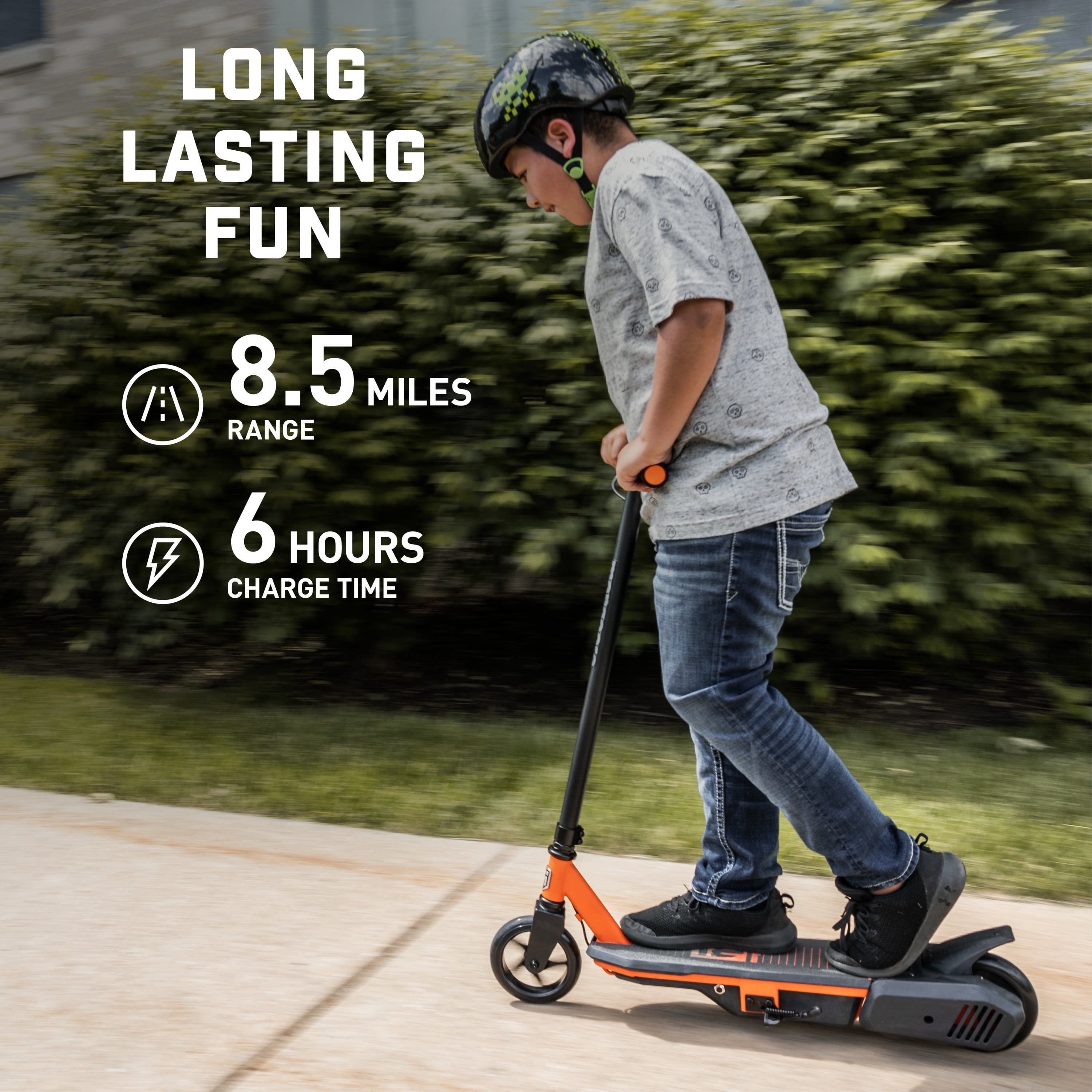 Mongoose React E2 Electric Scooter for Kids 8+, 10 mph, Black and Orange