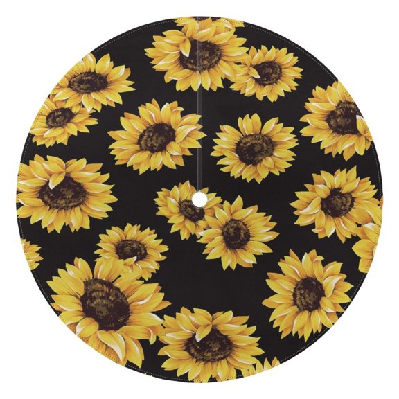 Outdoor Sunflower Pattern Black Background Round Tablecloth with Umbrella Hole and Zipper,Fabric Washable Table Cover for Patio, Party, Picnic 60 X 60 Inch