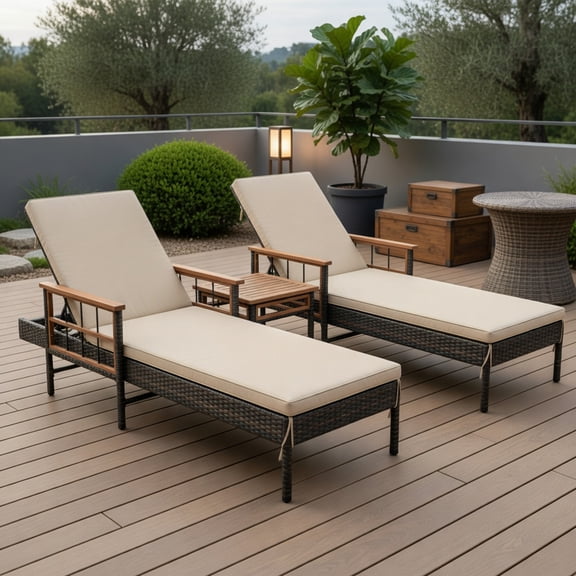 3-Piece Outdoor Chaise Lounge Set with Adjustable Backrests, PE Rattan & Acacia Wood Patio Furniture for Poolside, Backyard, or Porch – Beige Cushions