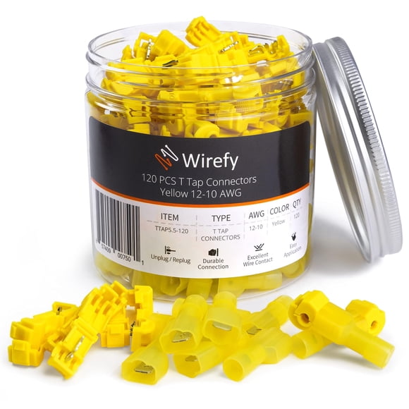 Wirefy 120 PCS Conectores de cable de grifo en T - Conectores de cable de empalme rápido - para uso de bajo voltaje - Grifos de cable de desconexión rápida - Amarillo 12-10 AWG