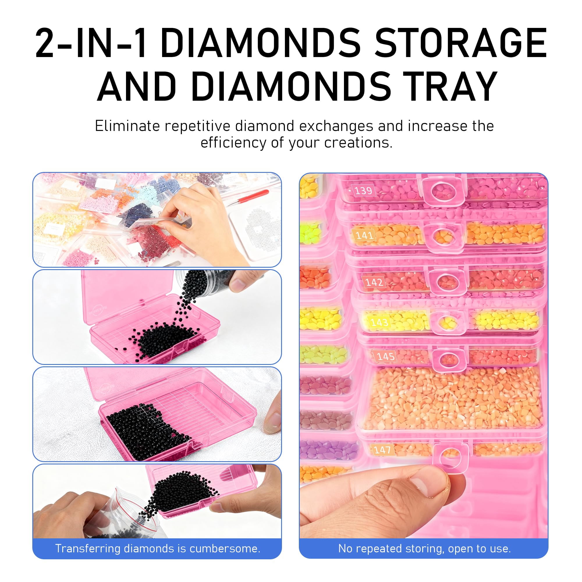 Sumekar 45PCS Extra Large Diamond Art Kits Tray Tool,Diamond Painting Accessories,2-in-1 Diamond Art Trays with Lids(Pink)