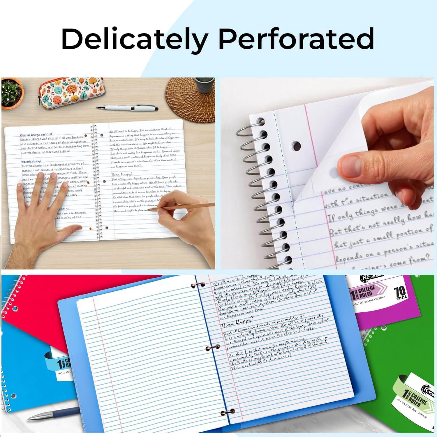 Bulk 50 Pack 1 Subject Notebooks College Ruled, 140 Pages 70 Sheets No Bleed Paper, 8 x 10.5 Inch 3 Hole Punch, Spiral Notebooks for Office Home, Multicolor